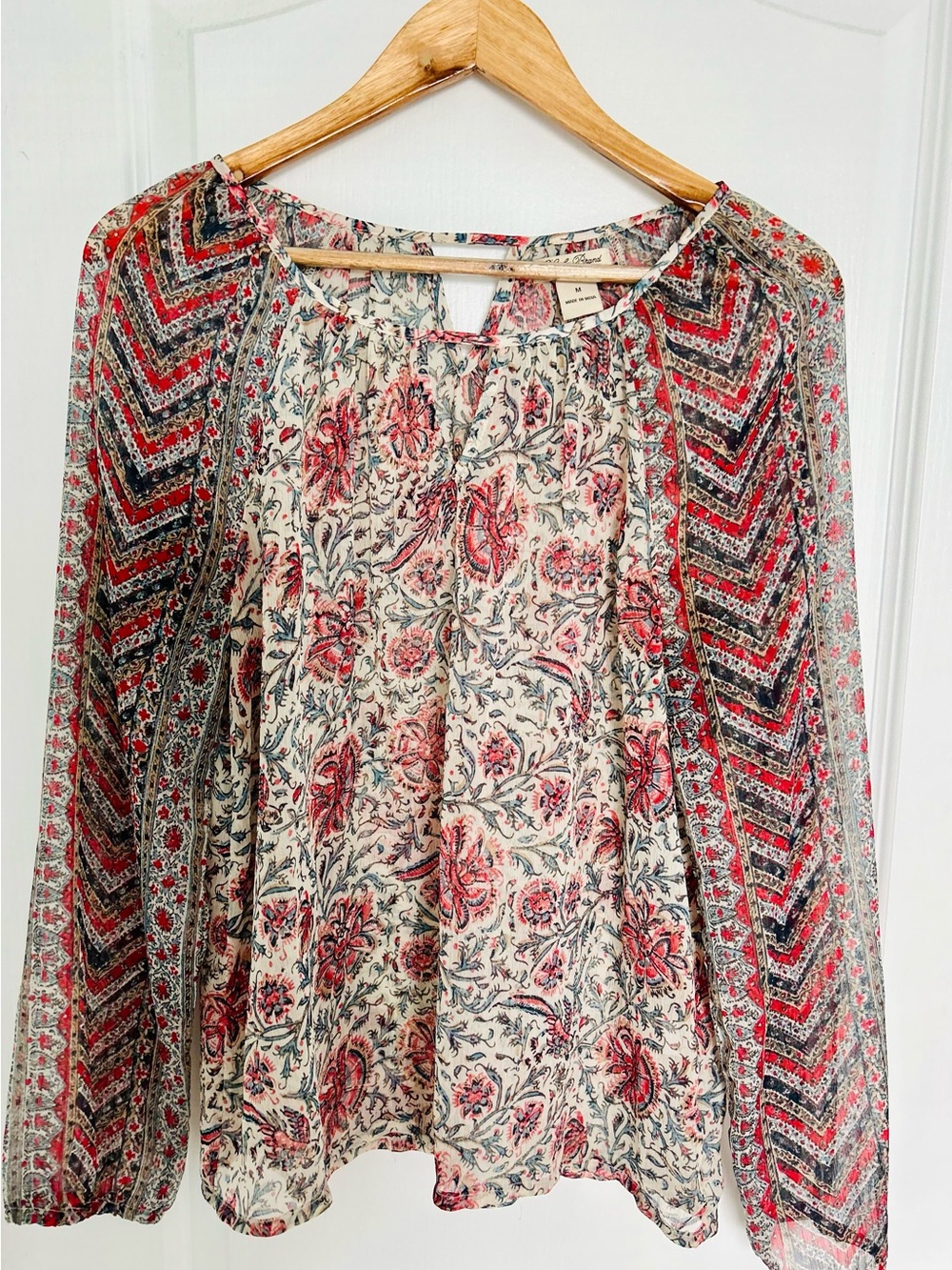 Lucky Brand Live In Love Boho Peasant Blouse Medium Mixed Print Long Sleeve